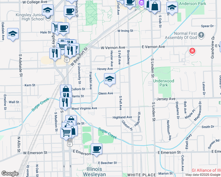 map of restaurants, bars, coffee shops, grocery stores, and more near 316 Glenn Avenue in Normal