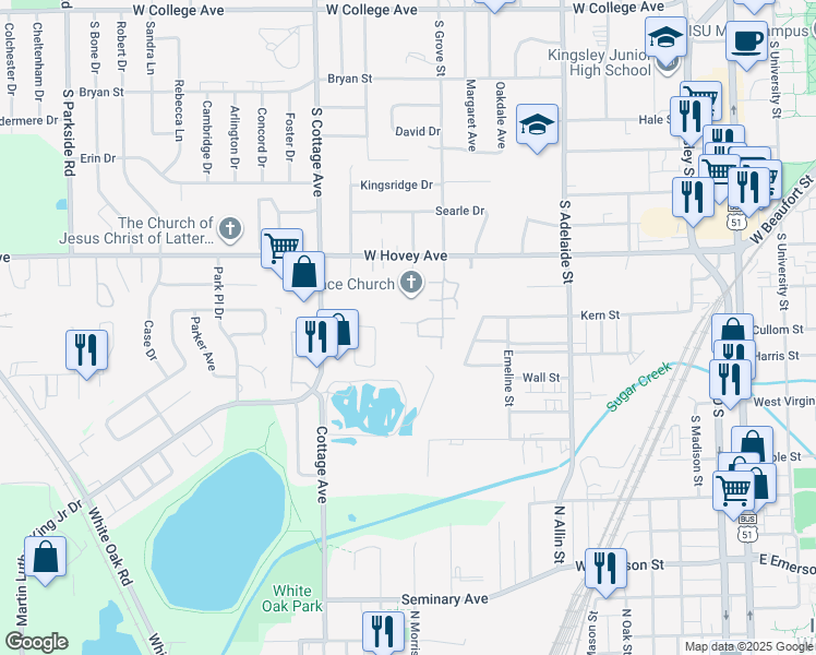 map of restaurants, bars, coffee shops, grocery stores, and more near 1323 West Hovey Avenue in Normal