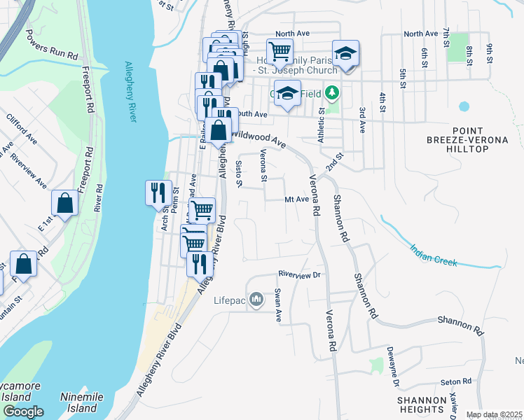map of restaurants, bars, coffee shops, grocery stores, and more near 6745 Verona Street in Verona