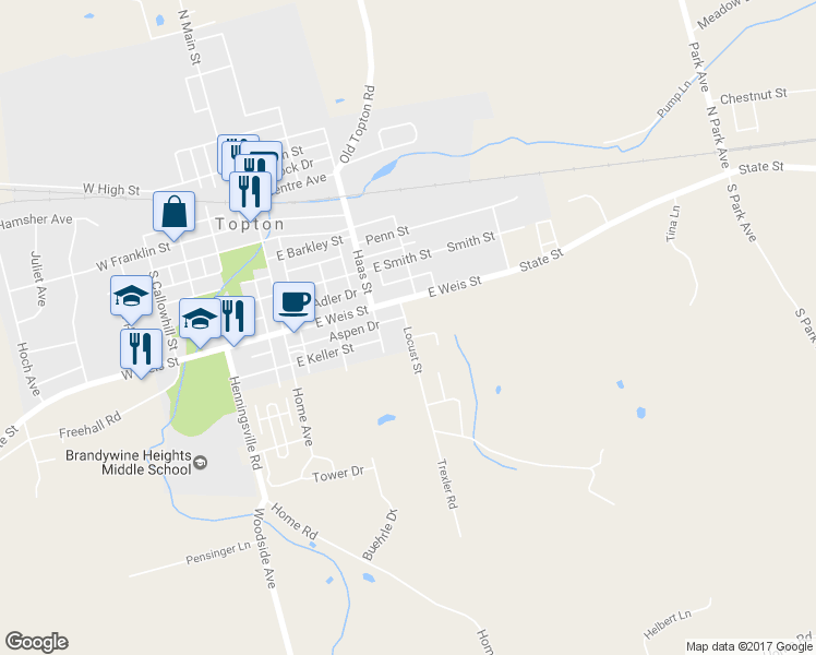 map of restaurants, bars, coffee shops, grocery stores, and more near 1142 Locust Street in Topton