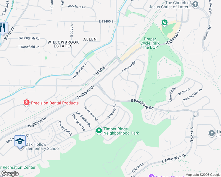 map of restaurants, bars, coffee shops, grocery stores, and more near 13841 Vestry Road in Draper