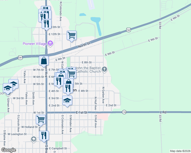 map of restaurants, bars, coffee shops, grocery stores, and more near 701 East 6th Street in Minden