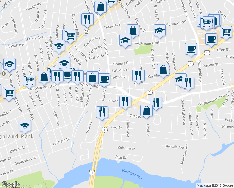 map of restaurants, bars, coffee shops, grocery stores, and more near 15 Riverview Avenue in Edison