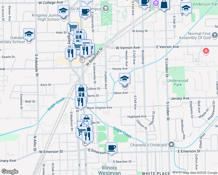 map of restaurants, bars, coffee shops, grocery stores, and more near 328 Glenn Avenue in Normal