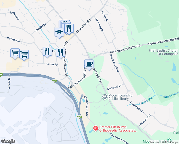 map of restaurants, bars, coffee shops, grocery stores, and more near 1555 Coraopolis Heights Road in Coraopolis