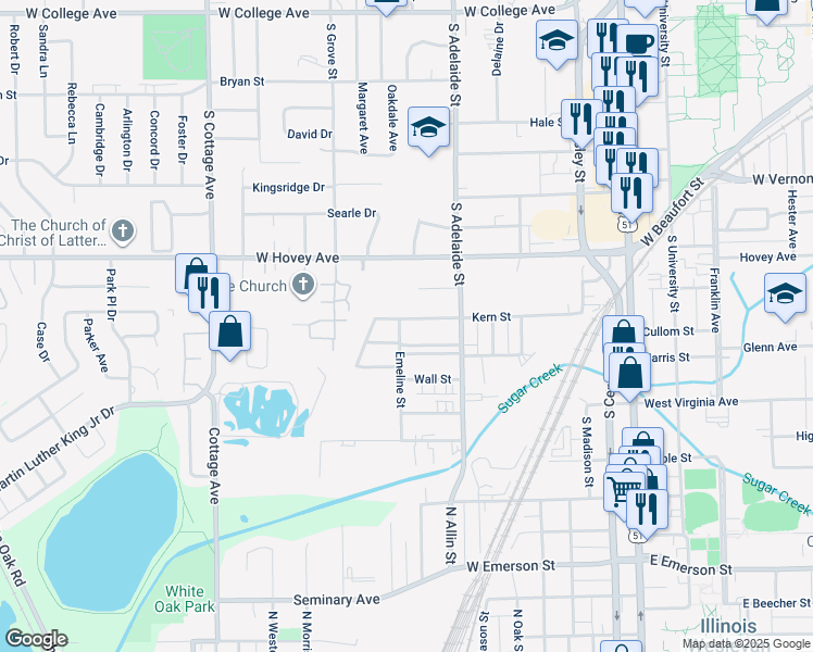 map of restaurants, bars, coffee shops, grocery stores, and more near 1115 Kern Street in Normal