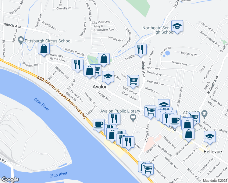 map of restaurants, bars, coffee shops, grocery stores, and more near 737 California Avenue in Avalon