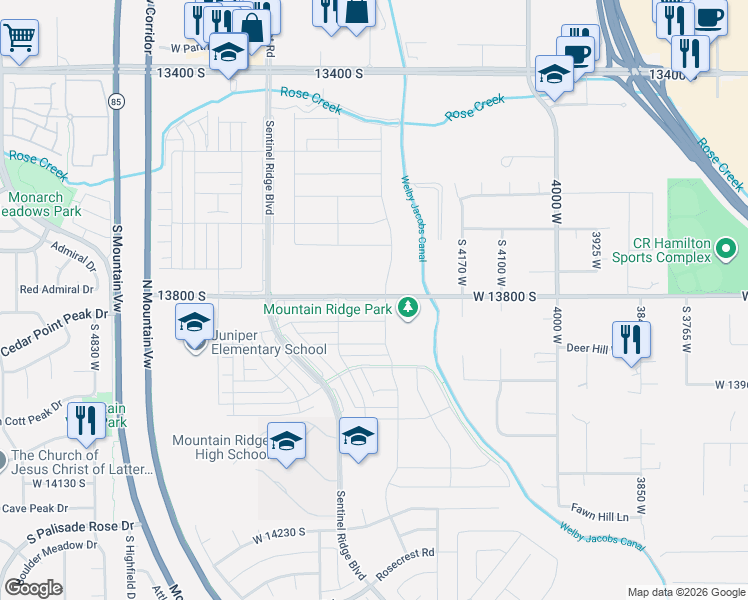 map of restaurants, bars, coffee shops, grocery stores, and more near 4199 West 13800 South in Herriman