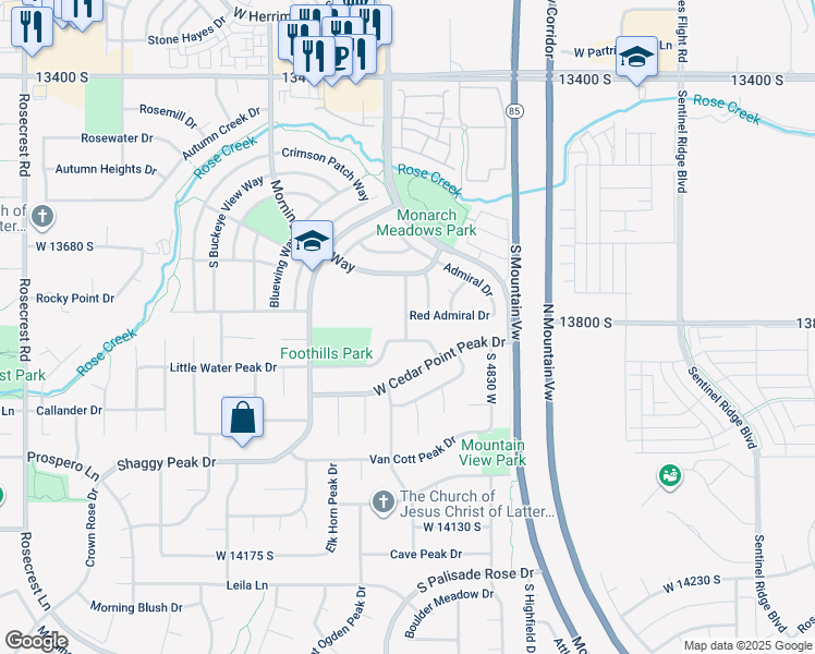 map of restaurants, bars, coffee shops, grocery stores, and more near 4979 West 13820 South in Riverton