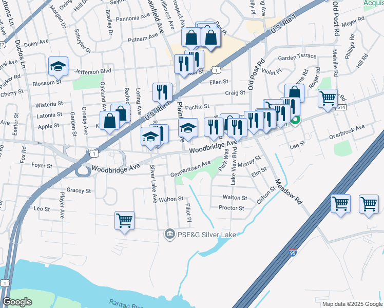 map of restaurants, bars, coffee shops, grocery stores, and more near 19 Church Street in Edison