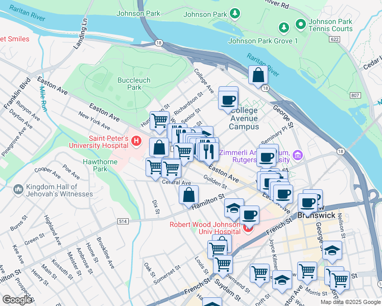 map of restaurants, bars, coffee shops, grocery stores, and more near 188 Easton Avenue in New Brunswick