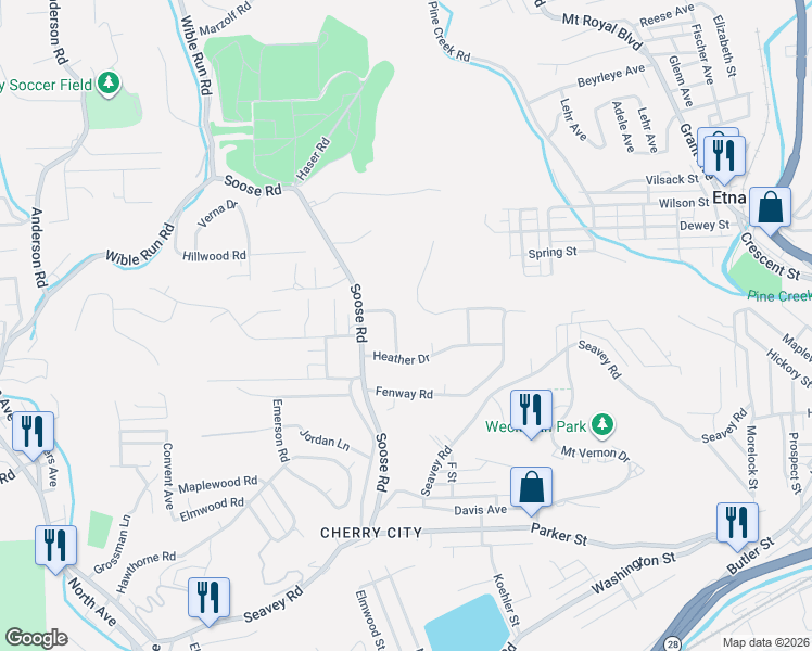 map of restaurants, bars, coffee shops, grocery stores, and more near 304 Lupine Drive in Pittsburgh