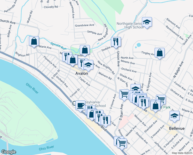 map of restaurants, bars, coffee shops, grocery stores, and more near in Avalon