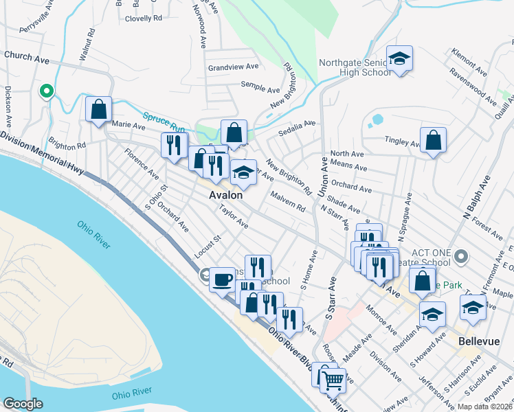 map of restaurants, bars, coffee shops, grocery stores, and more near in Avalon
