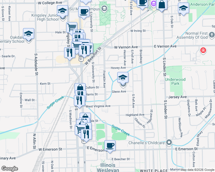 map of restaurants, bars, coffee shops, grocery stores, and more near 328 Glenn Avenue in Normal