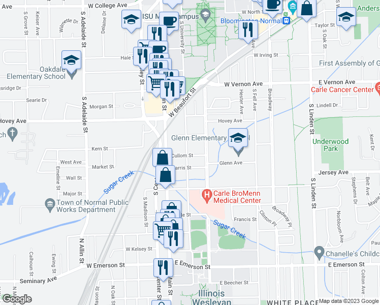 map of restaurants, bars, coffee shops, grocery stores, and more near 1010 South University Street in Normal