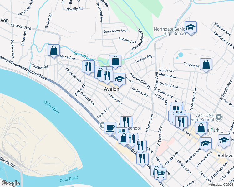 map of restaurants, bars, coffee shops, grocery stores, and more near 718 California Avenue in Pittsburgh