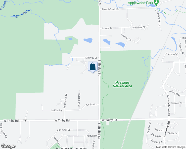 map of restaurants, bars, coffee shops, grocery stores, and more near 6029 South Shields Street in Fort Collins