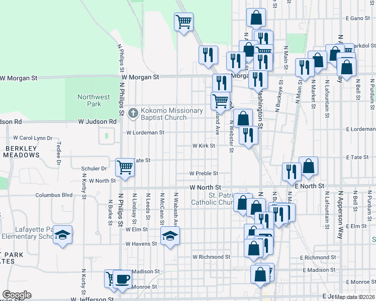 map of restaurants, bars, coffee shops, grocery stores, and more near 1502 North Wabash Street in Kokomo