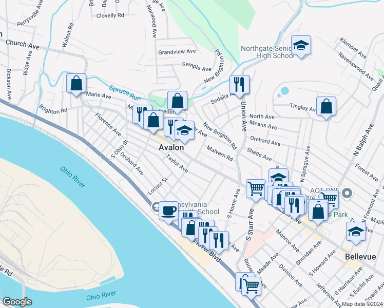 map of restaurants, bars, coffee shops, grocery stores, and more near 731 California Avenue in Avalon