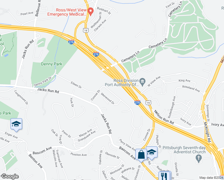 map of restaurants, bars, coffee shops, grocery stores, and more near 133B Connie Drive in Pittsburgh