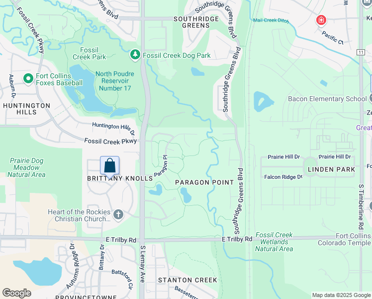 map of restaurants, bars, coffee shops, grocery stores, and more near 6125 Paragon Court in Fort Collins
