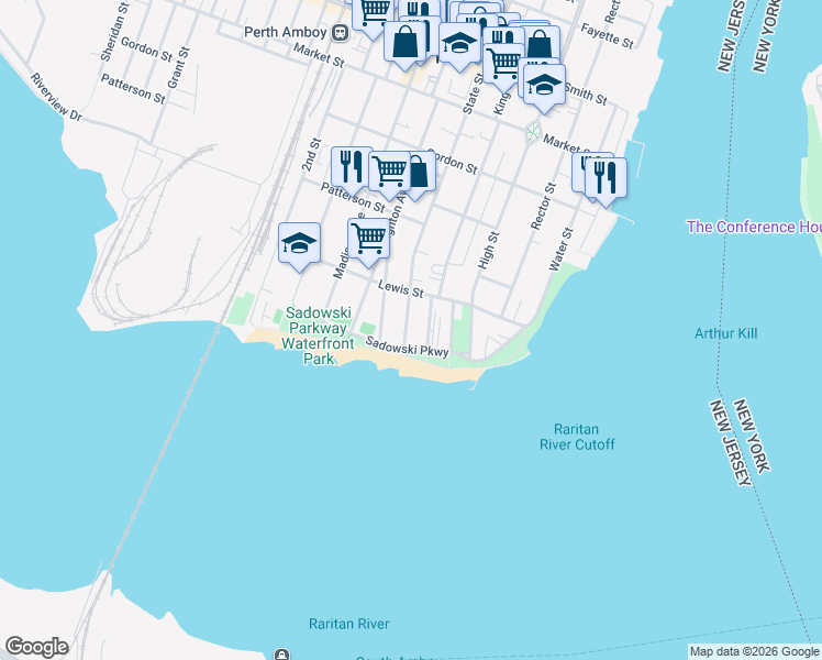 map of restaurants, bars, coffee shops, grocery stores, and more near 18 State Street in Perth Amboy