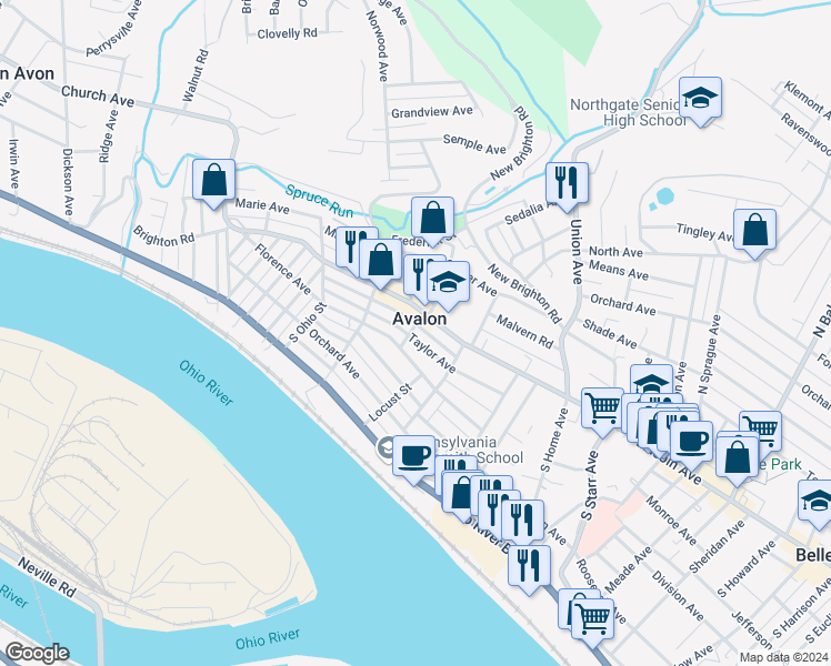 map of restaurants, bars, coffee shops, grocery stores, and more near 731 Taylor Avenue in Pittsburgh
