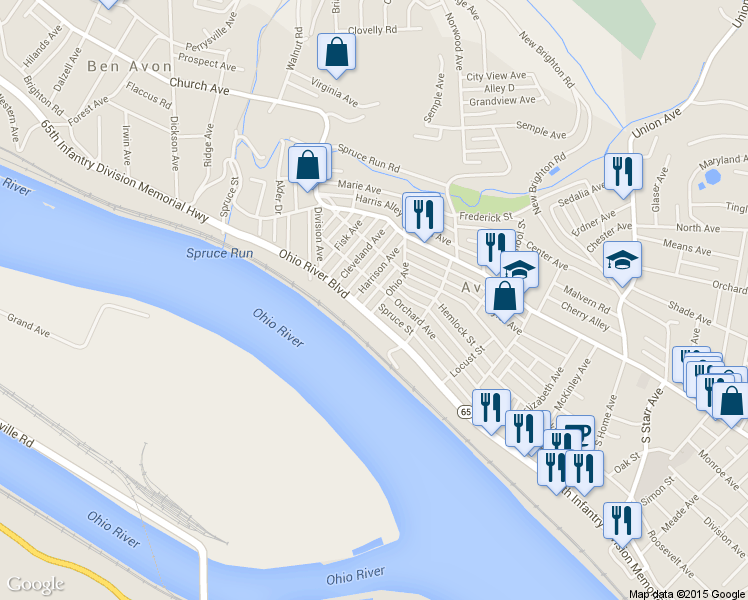 map of restaurants, bars, coffee shops, grocery stores, and more near 436 Pennsylvania 65 in Avalon