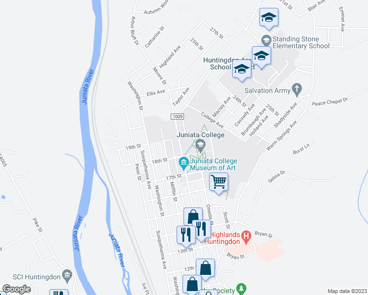 map of restaurants, bars, coffee shops, grocery stores, and more near 1700 Moore Street in Huntingdon