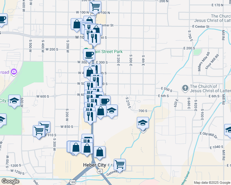 map of restaurants, bars, coffee shops, grocery stores, and more near 189 East 6th South in Heber City