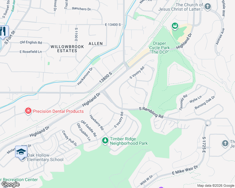 map of restaurants, bars, coffee shops, grocery stores, and more near 13818 South Vestry Road in Draper