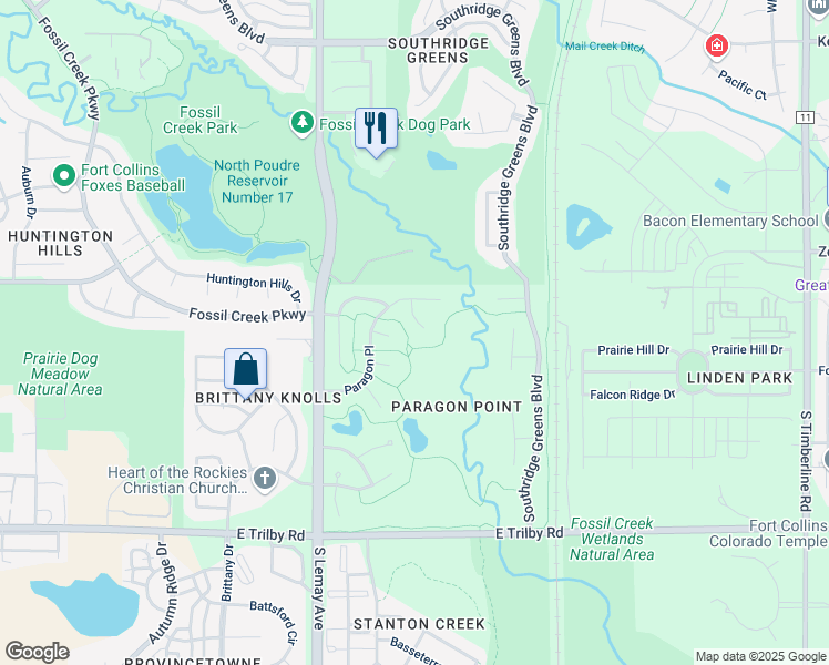 map of restaurants, bars, coffee shops, grocery stores, and more near 6125 Paragon Court in Fort Collins