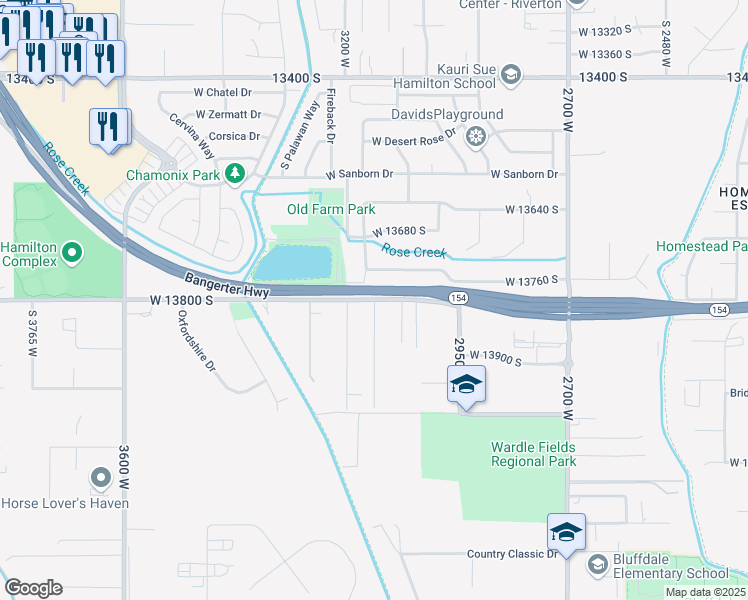 map of restaurants, bars, coffee shops, grocery stores, and more near West 13800 South in Bluffdale
