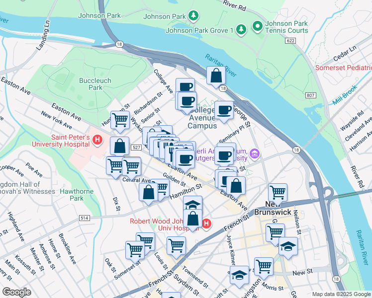 map of restaurants, bars, coffee shops, grocery stores, and more near 30 Prosper Street in New Brunswick