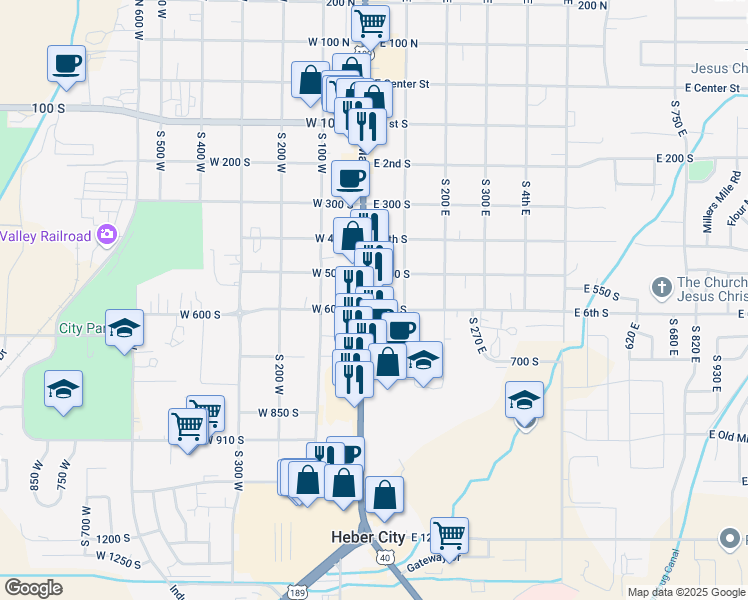 map of restaurants, bars, coffee shops, grocery stores, and more near 72 East 6th South in Heber City