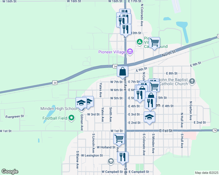 map of restaurants, bars, coffee shops, grocery stores, and more near 612 Smith Avenue in Minden