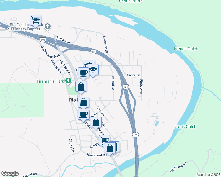 map of restaurants, bars, coffee shops, grocery stores, and more near 730 Ireland Street in Rio Dell