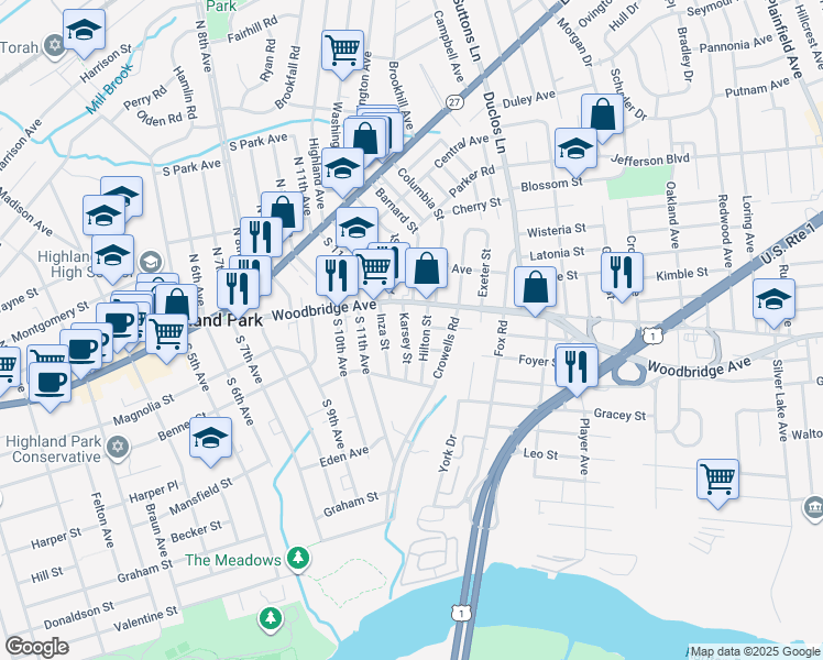 map of restaurants, bars, coffee shops, grocery stores, and more near 229 Hilton Street in Highland Park