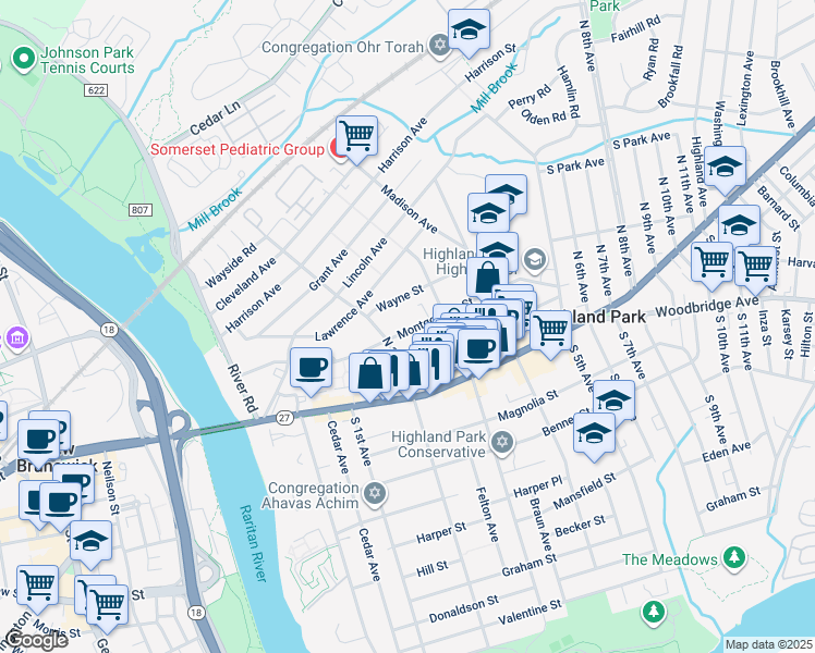 map of restaurants, bars, coffee shops, grocery stores, and more near 221 Denison Street in Highland Park