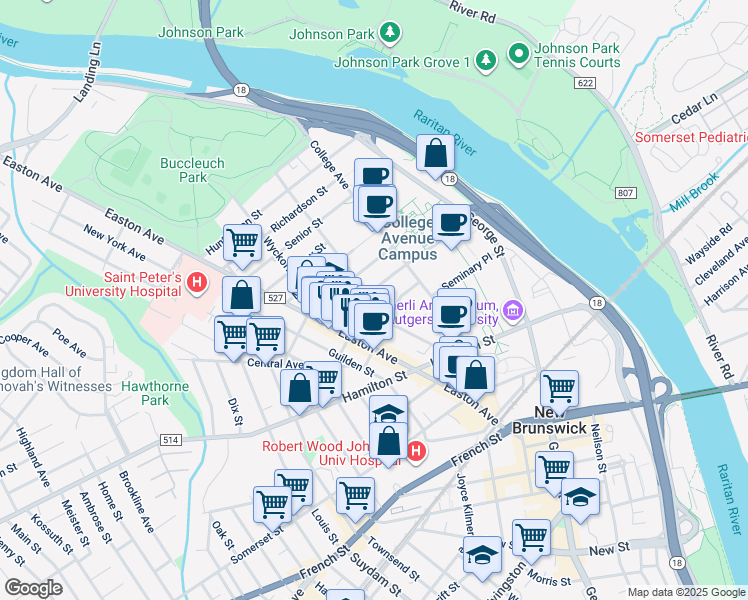 map of restaurants, bars, coffee shops, grocery stores, and more near 30 Prosper Street in New Brunswick
