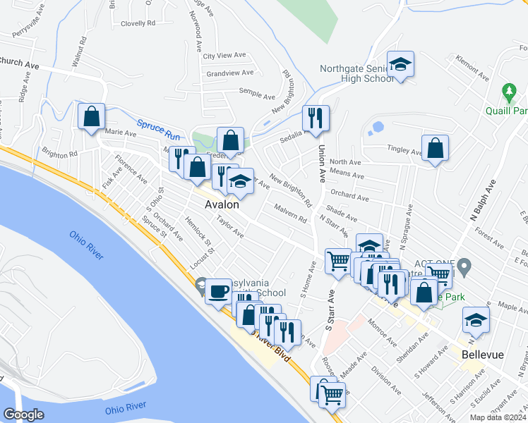 map of restaurants, bars, coffee shops, grocery stores, and more near in Avalon