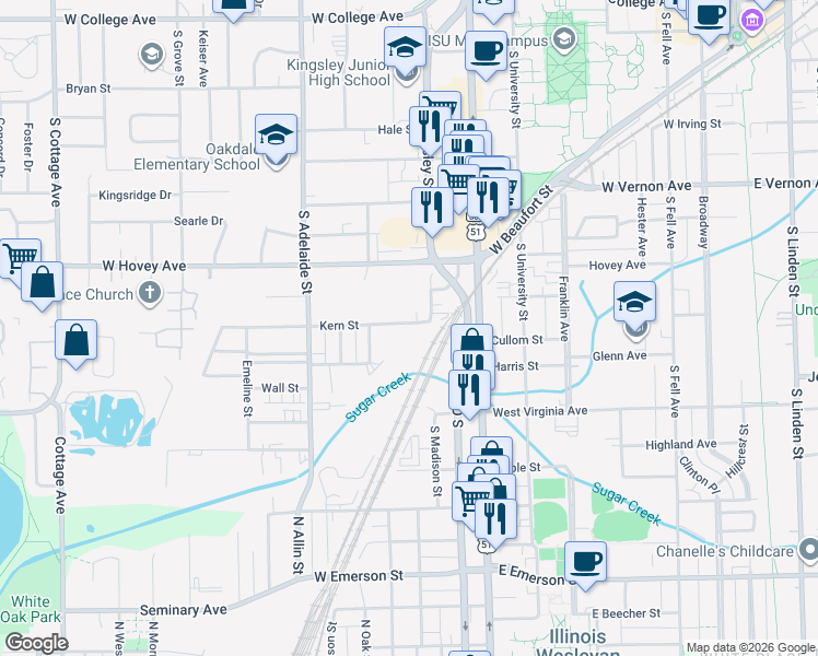 map of restaurants, bars, coffee shops, grocery stores, and more near 1004 Samantha Street in Normal