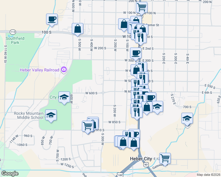 map of restaurants, bars, coffee shops, grocery stores, and more near 232 West 600 South in Heber City