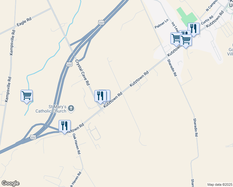 map of restaurants, bars, coffee shops, grocery stores, and more near 14996 Kutztown Road in Kutztown