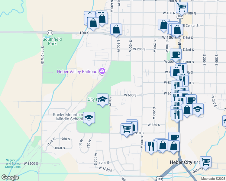 map of restaurants, bars, coffee shops, grocery stores, and more near 585 South 6th West in Heber City