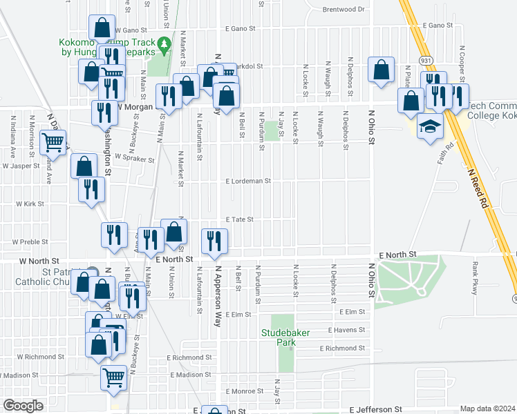 map of restaurants, bars, coffee shops, grocery stores, and more near 1519 North Purdum Street in Kokomo