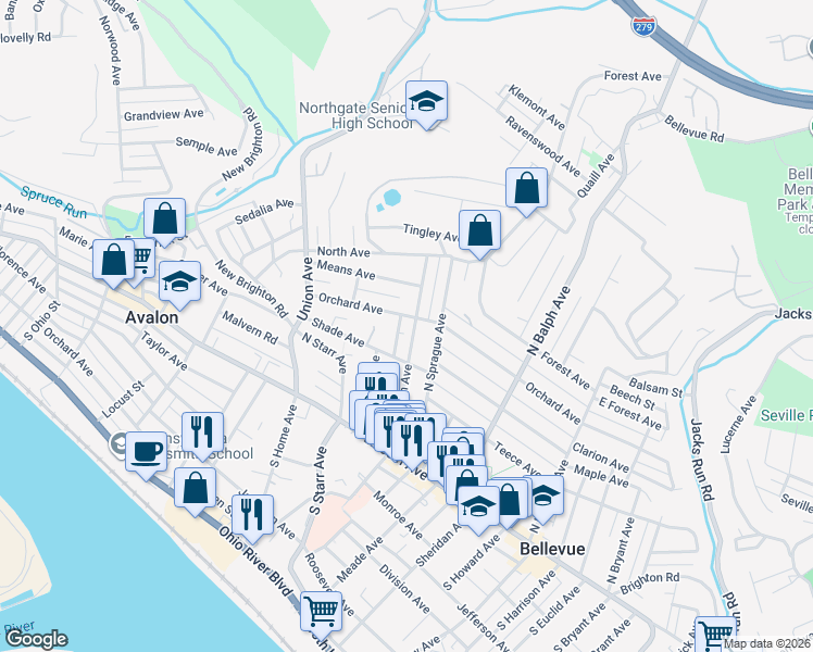 map of restaurants, bars, coffee shops, grocery stores, and more near 633 Orchard Avenue in Bellevue