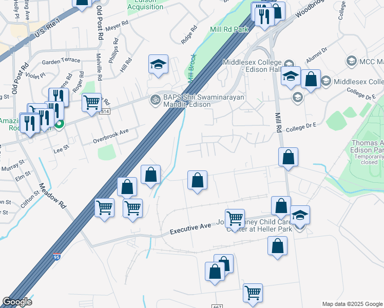 map of restaurants, bars, coffee shops, grocery stores, and more near 40 Distribution Boulevard in Edison