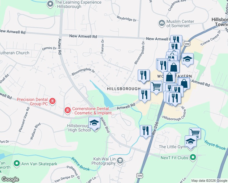 map of restaurants, bars, coffee shops, grocery stores, and more near 3341 Bloomingdale Drive in Hillsborough Township